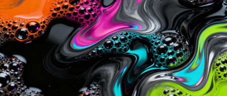 Vibrant swirling abstract pattern with colorful neon bubbles over glossy black surface showcasing modern liquid art texture.の素材