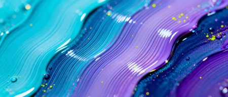 Vibrant wavy abstract pattern with blue teal and purple paint textures and glossy surface details with golden speckles.の素材