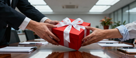 Business colleagues exchanging a red gift box with white ribbon during corporate meeting in modern office conference room.の素材