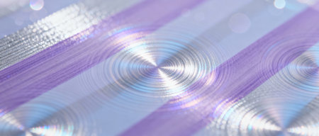 Shimmering lavender and silver metallic striped surface with circular light reflections and abstract textured pattern detail.の素材