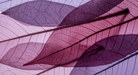 Delicate overlapping translucent leaves in soft purple and pink tones highlighting intricate natural vein patterns.の素材