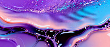Abstract liquid waves with iridescent purple, blue, and pink gradients blending through glossy flowing textures and sparkling highlights.の素材