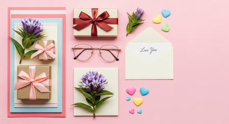 Romantic flat lay with gift boxes, purple flowers, love letter envelope, heart confetti and glasses on pastel pink background.の素材