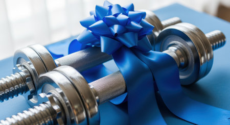 Shiny metal dumbbells wrapped with a decorative blue ribbon bow on a smooth surface, symbolizing fitness gift, celebration, and motivation.の素材