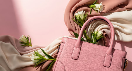 Elegant pink handbag with textured leather on pastel fabric background decorated with white spring flowers in soft natural light.の素材