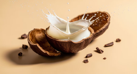 Creamy milk splash bursting from cracked walnut shell with chocolate shavings on beige background in minimal food composition.の素材