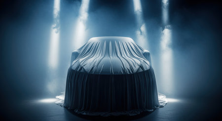 Mysterious covered car under dramatic spotlight beams in dark smoky studio revealing hidden contours and futuristic automotive design.の素材