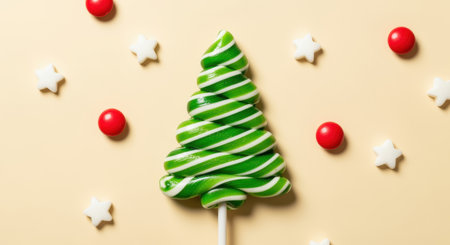 Green and white christmas tree lollipop on pastel background with red candies and white star shaped sweets for festive celebration.の素材