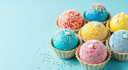 Colorful sprinkled cake balls in paper cups on pastel blue background with scattered candy decorations in minimal dessert composition.の素材
