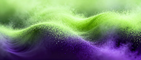 Vivid green and purple powder waves swirling in motion, dynamic abstract energy flow with vibrant color gradients and soft particle textures.の素材