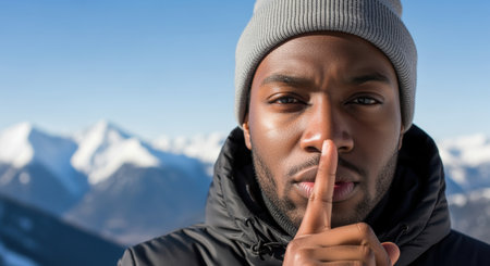 quiet gesture from bundled man in winter jacket and beanie with mountains in soft focus background on a clear cold day.の素材