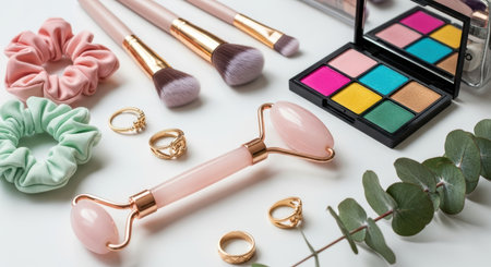 Soft pastel beauty flat lay with jade roller, makeup brushes, colorful eyeshadow palette, scrunchies, eucalyptus leaves and jewelry.の素材
