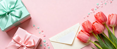 Pastel gift boxes and pink tulip bouquet with envelope and heart confetti on soft blush background, festive romantic celebration.の素材