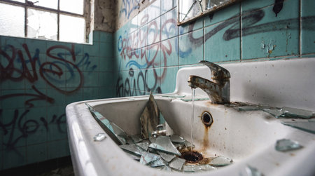 Abandoned building restroom with broken sink, shattered glass, rusty faucet, and graffiti covered blue tiled walls in natural light.の素材