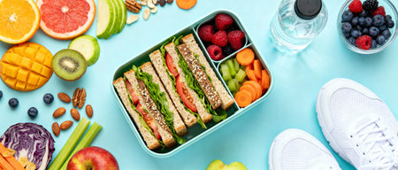 Healthy lunchbox with vegetable sandwiches, fresh fruit, berries, nuts, water bottle and running shoes for an active lifestyle.の素材