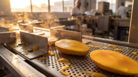 Fresh mango halves being processed on an industrial conveyor belt in a modern fruit facility during golden morning sunlight.の素材