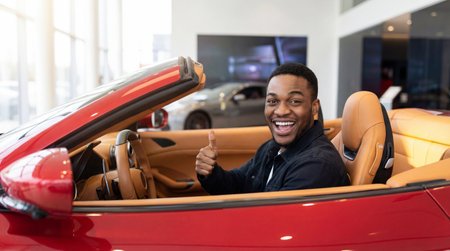 Smiling young man giving thumbs up while sitting in a luxurious red convertible inside a modern showroom with bright lighting.の素材