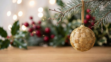 Golden woven bauble hanging from evergreen branch with festive holiday lights and red berry decorations in warm blurred background.の素材
