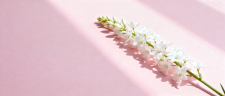Delicate white flower stem casting soft shadow on pastel pink background in minimalist natural botanical composition.の素材