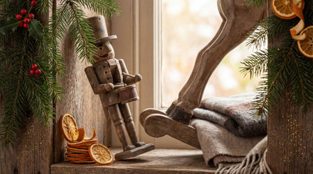 Rustic wooden nutcracker and rocking horse with festive evergreens, dried oranges, and cozy blankets on winter windowsill.の素材