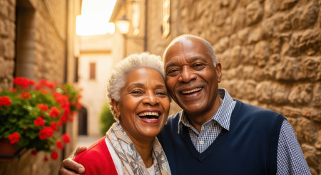 Happy senior couple embracing and smiling outdoors in a sunlit cobblestone alley lined with red flowers and historic stone walls.の素材