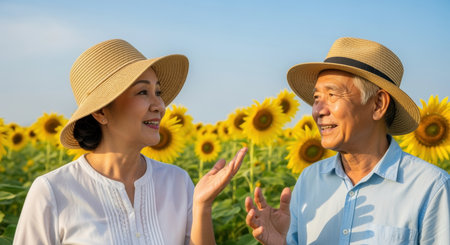 Smiling senior couple enjoying vibrant sunflower field in summer sunlight, wearing hats and sharing joyful conversation outdoors.の素材