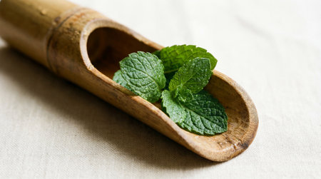 Fresh green mint leaves resting in a handcrafted bamboo scoop placed on a light linen surface with natural soft lighting.の素材