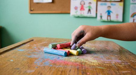Child's hand reaching for colorful chalk sticks on a wooden classroom desk with drawings and bulletin board in the background.の素材