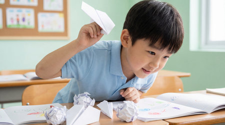 Curious young boy in classroom playing with paper airplane at desk surrounded by books, crumpled papers, and colorful drawings.の素材