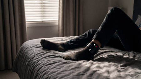 Person sitting on bed in dimly lit room wearing electronic ankle monitor, reflecting privacy, isolation, and surveillance themes.の素材