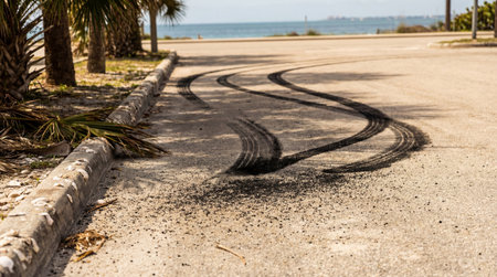 Fresh tire skid marks curve on a sunny coastal road near tropical palm trees, facing the ocean horizon with clear blue sky.の素材