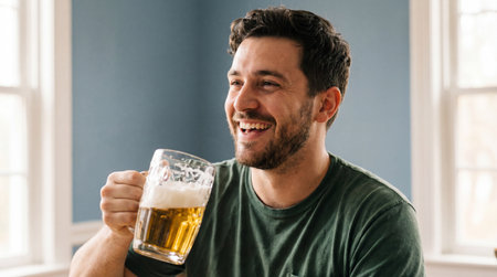 smiling man enjoying a glass of beer in a bright room with natural light and casual relaxed atmosphere.の素材