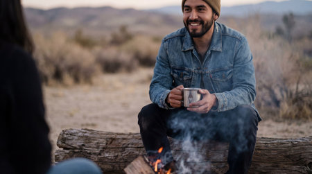Smiling man wearing denim jacket and beanie enjoys hot drink by campfire with friend in dry wilderness during cool evening.の素材