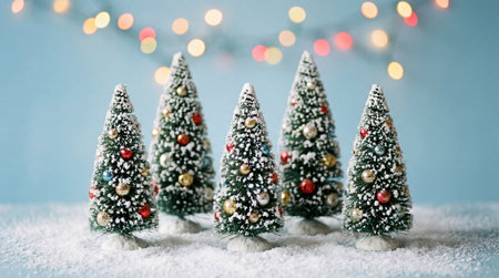 Miniature snow covered christmas trees decorated with festive ornaments and surrounded by sparkling lights in a winter holiday scene.の素材