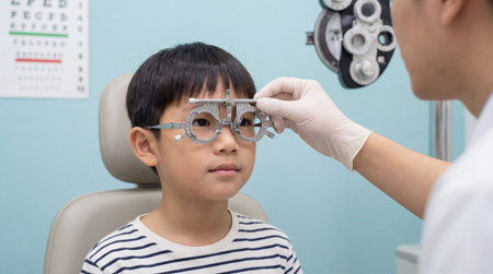 Young boy undergoing vision test with trial frames during pediatric eye exam at clinic with optometrist adjusting lenses carefully.の素材