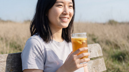 Smiling young woman relaxing outdoors on wooden bench holding refreshing iced tea in glass on sunny day with dry grass field behind.の素材