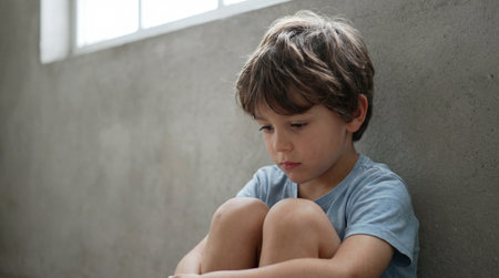 Sad young boy sitting alone indoors against gray wall in natural window light, hugging knees and looking down with thoughtful expression.の素材