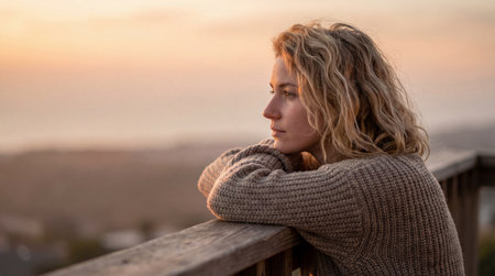 Thoughtful woman gazing at tranquil sunset from wooden balcony, wearing cozy sweater and reflecting in peaceful evening light.の素材