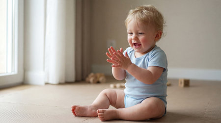Smiling baby sitting on floor near window clapping hands in bright cozy room with soft natural light and scattered wooden toys.の素材