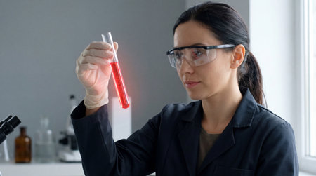 Female scientist in protective eyewear examining red liquid in test tube during laboratory experiment beside microscope.の素材