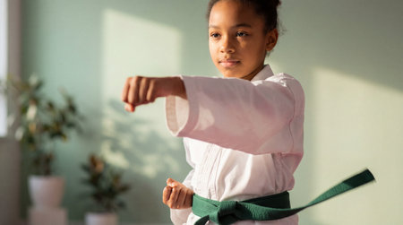 Confident young girl practicing martial arts at home in sunlight wearing white uniform and green belt focused on strong forward punch.の素材