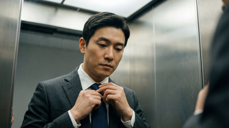 thoughtful businessman adjusting tie in elevator mirror before important meeting in modern corporate office environment.の素材