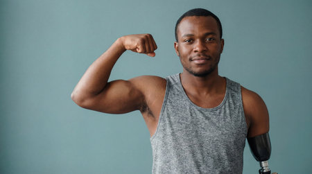 Confident athletic man with arm prosthesis flexing bicep in gray tank top against plain teal background, symbolizing strength and resilience.の素材