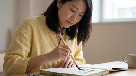 Calm asian woman practicing traditional ink painting at home, focusing on creative brushwork in a peaceful minimalist interior.の素材