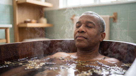 Relaxed mature man enjoying soothing herbal bath in wooden tub with steaming water and lavender petals in peaceful bathroom.の素材