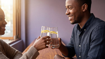 Smiling couple clinking glasses of water with lemon slices while sitting together in a cozy cafe by the window.の素材