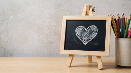 Heart drawn on small blackboard easel beside colorful pencils in cup on wooden desk against light textured wall background.の素材