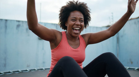 Joyful athletic woman laughing while exercising on trampoline outdoors in casual sportswear, celebrating active lifestyle and positive energy.の素材
