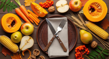 Autumn harvest table setting with pumpkins, apples, pears, corn, nuts, and cutlery on rustic wooden background.の素材