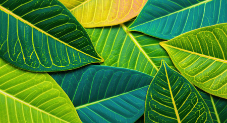 Colorful tropical leaves overlapping in vibrant pattern showcasing detailed veins and contrasting shades of green and yellow.の素材
